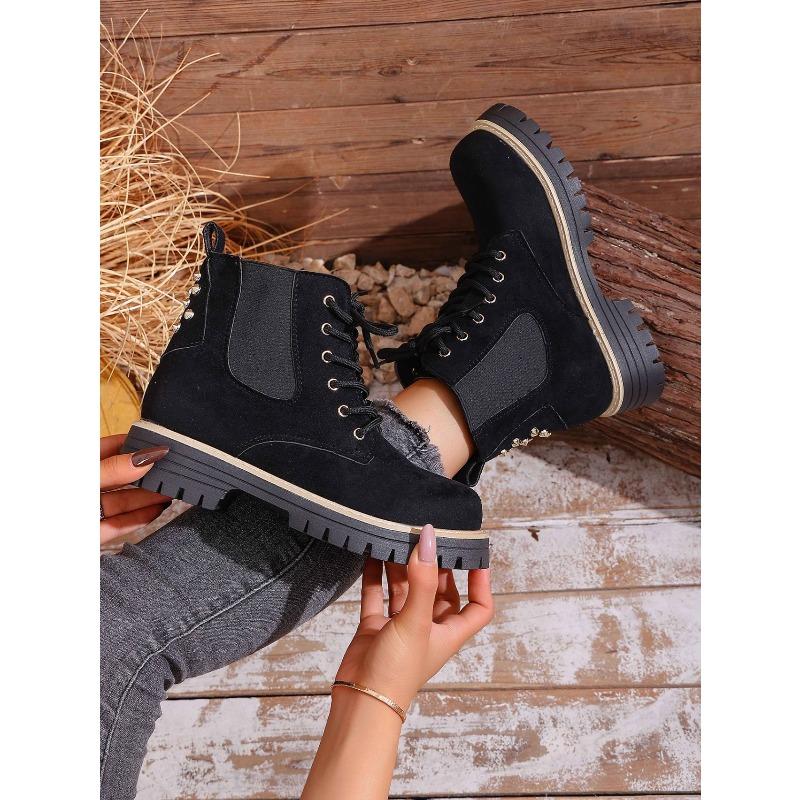 Round Toe Lace-up Muffin Suede Plus Size Booties 2025 Winter Thick Heel British Style Martin Boots for Women