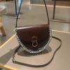Luxury Textured Genuine Leather Saddle Bag Women Shoulder Underarm Crossbody French Style Square