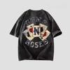 Retro Poker Ace Print Washed Black Tshirt Men Women Casual Oversized Tee Streetwear Gothic Short Sleeve Tops