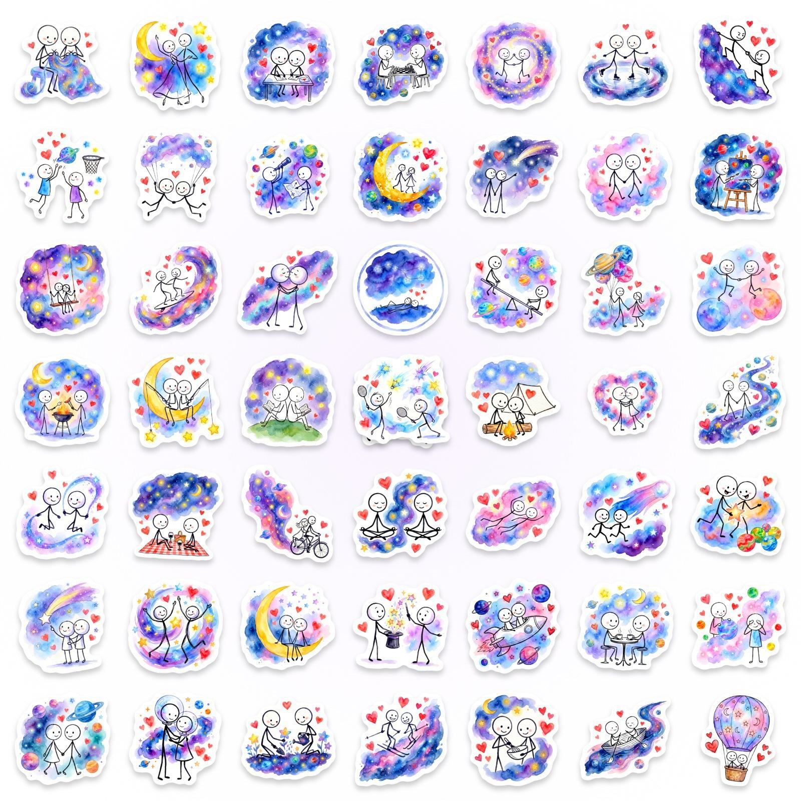 

50/100 Pcs Galaxy Watercolor Stick Figure Couple Stickers Dreamy Minimalist Waterproof for Atmosphere Phone Laptop Diary Decals