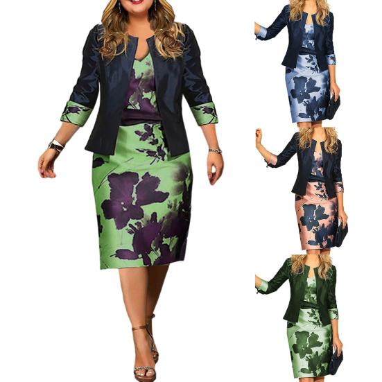 Dámské spodničky Plus Size 1 Set Dámské kabátové šaty Květinový potisk 3/4 rukáv Slim Fit Jarní Podzim Šaty s výstřihem do V nad kolena Set na párty