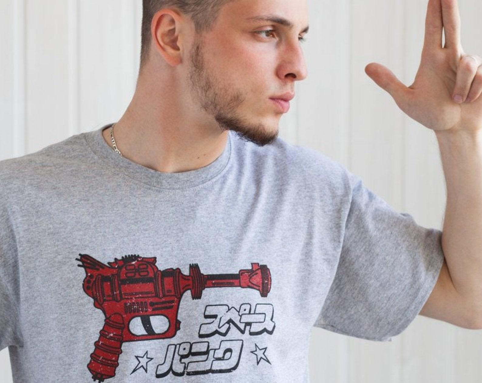 Retro Japanese Ray Gun T-Shirt, Space Punk Graphic Tee 4XL