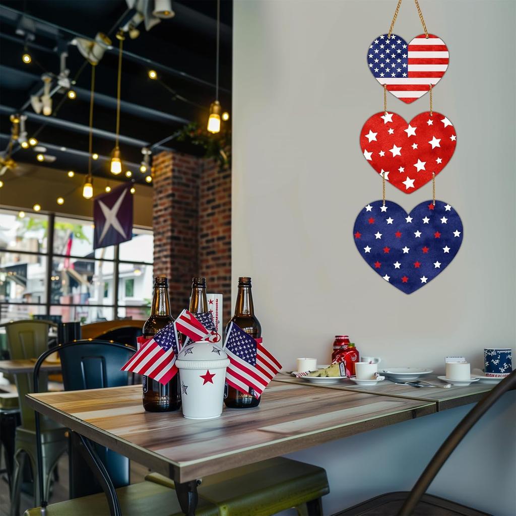 4th of July Decorations Patriotic Wreath Heart Hanging Decor 4th of July Wreaths for Front Door Wooden Front Door Decorations Memorial Day Fourth of