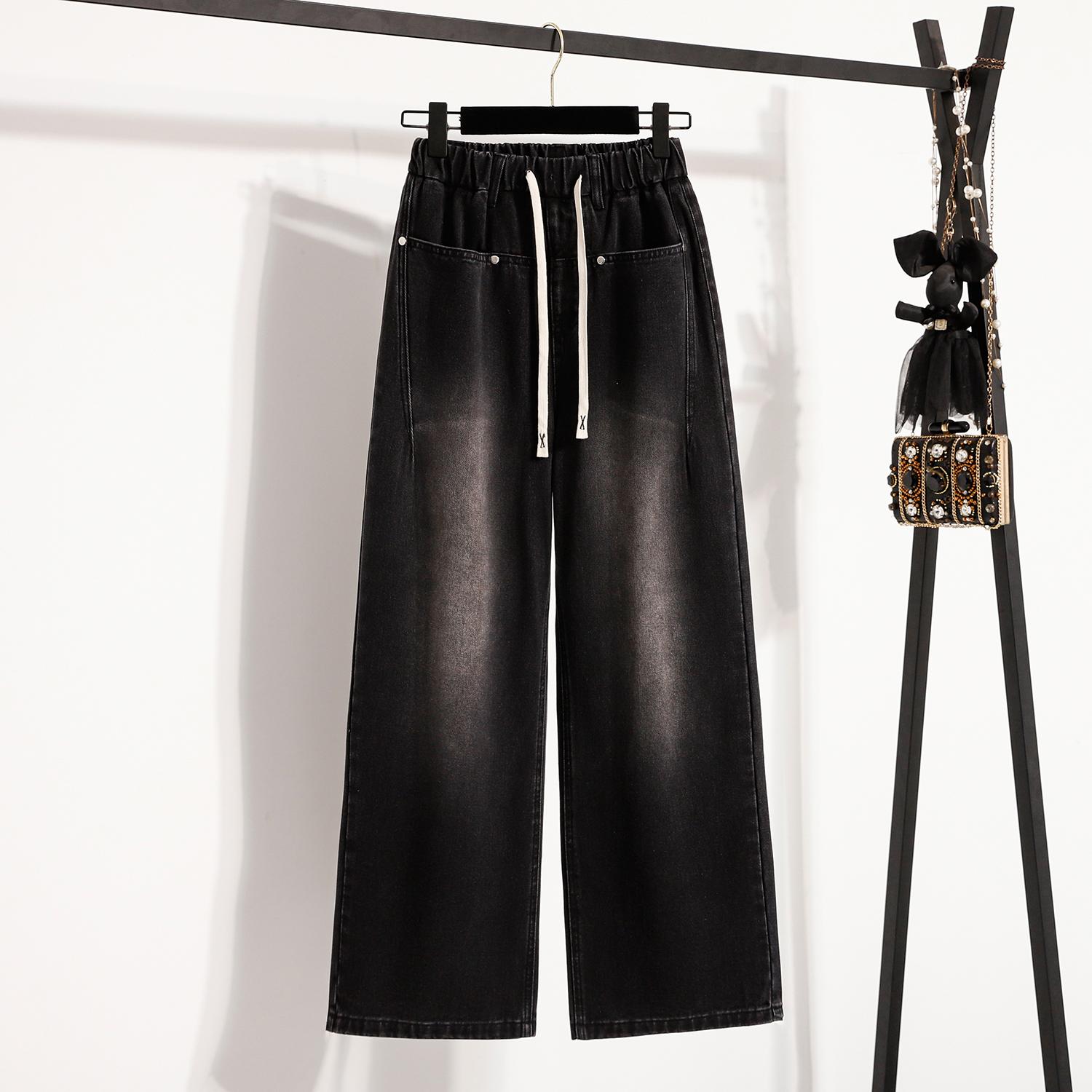 

DIMANAF 2025 Большой размер Осень Женские джинсы Широкие брюки Деним Женские Эластичные Базовые С высокой талией Оверсайз Модные Новые брюки 5XL 4XL чёрный