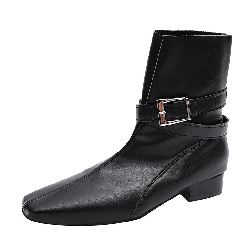 2025 winter retro solid color versatile belt buckle square head thick heel short boots women's fashion versatile Martin boots thin boots