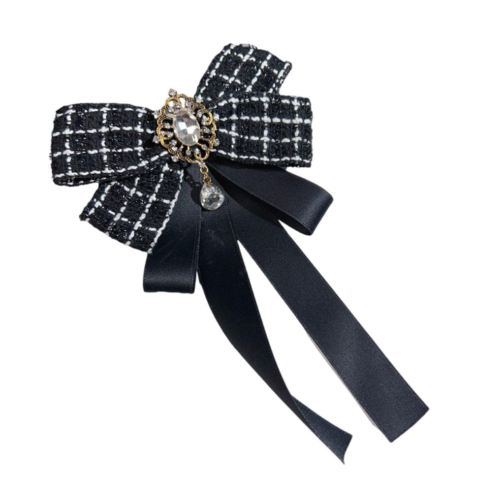 Elegant Rhinestones Plaids Ribbon Bowtie with Pin Pre Tied Adjustable Preppy Bowknot Necktie for Fashionable Women Ties