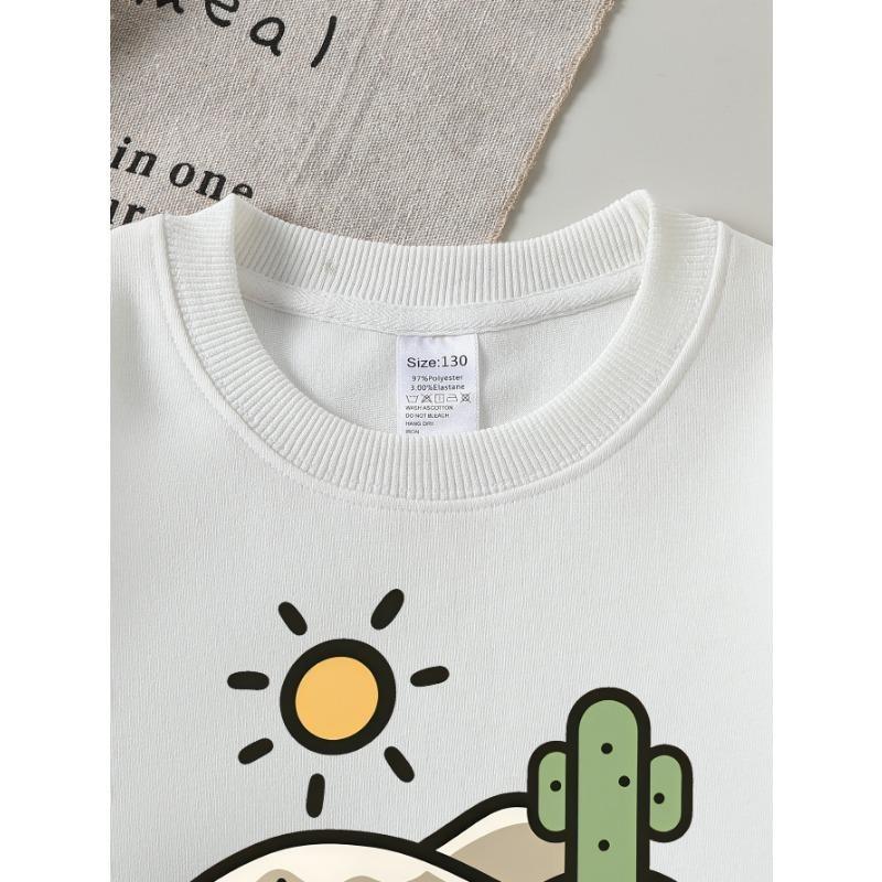 European Sizes Girls' Long-Sleeve Round Neck Sweatshirt "Sunny Day Cactus" Print, Spring/Autumn, Casual, Daily & Sports.