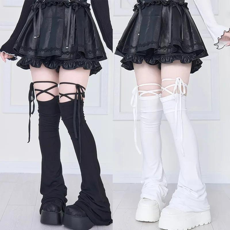 Lolita Jk Strap Up Leg Warmers for Women Y2K High Tube Socks Wide Leg Cover Stockings for Streetwear Party Cosplay Accessories