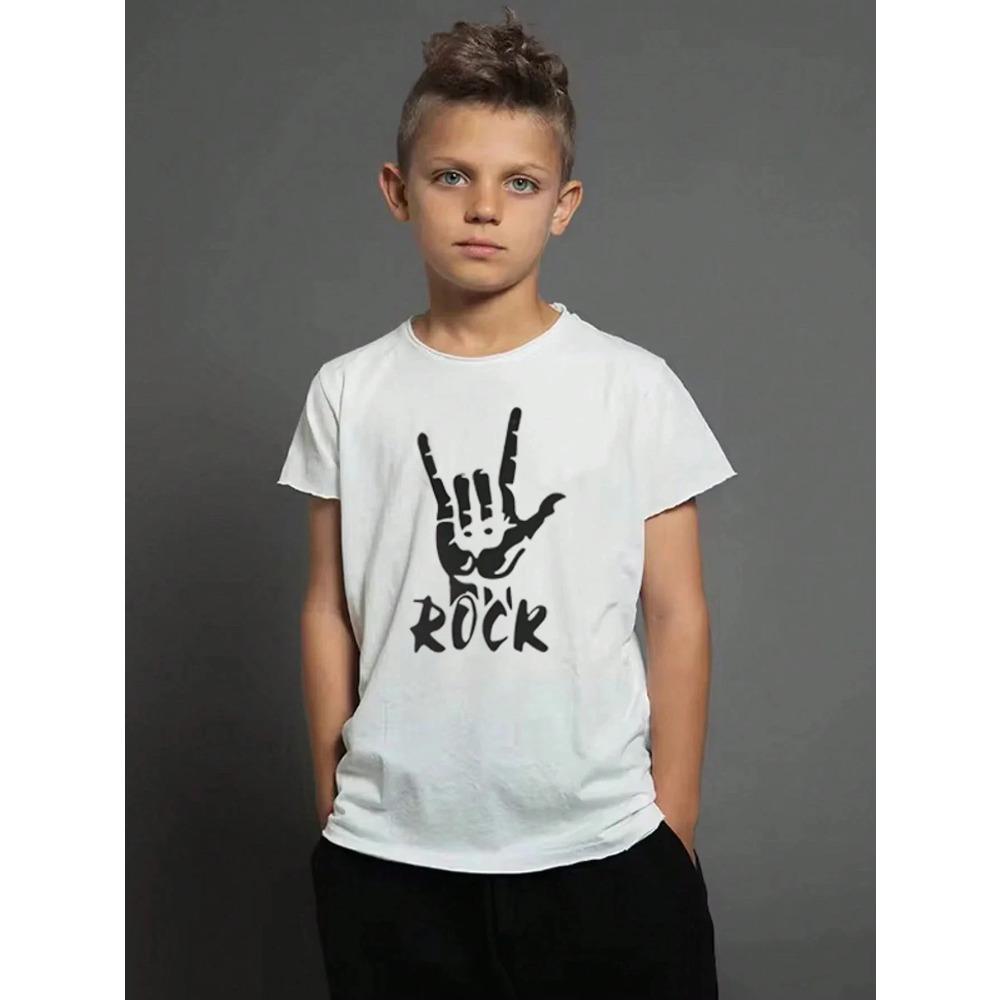 "ROCK" Letter Print Pattern Round Neck Short-sleeved T-shirt Boys Hip-hop Versatile Style Suitable for Daily Wear in Summer