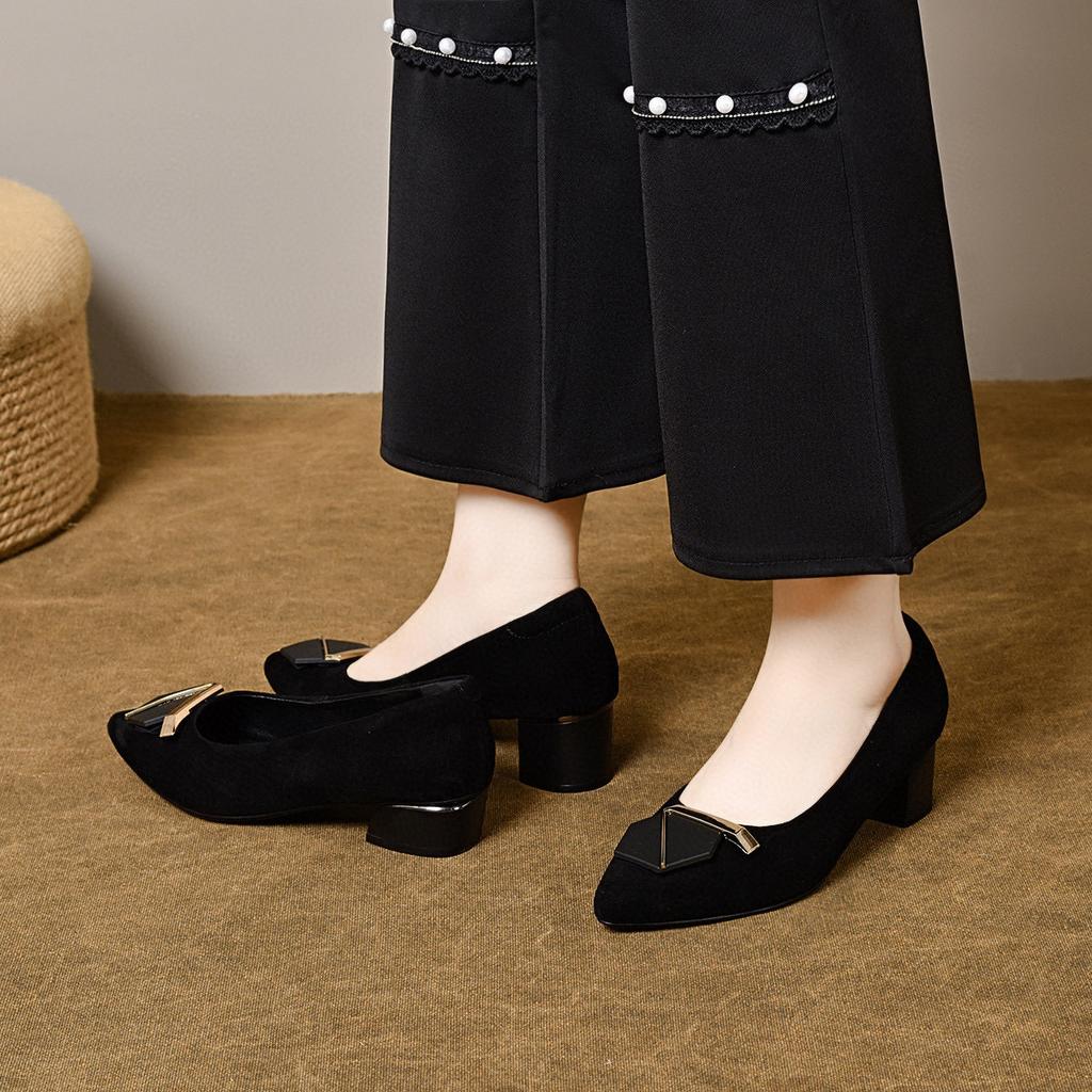 Pointed single shoes work shoes women's simple temperament seven-character buckle one-pedal women's shoes black commuter office leather shoes