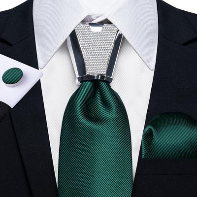 Men's Classic Solid Color Silk Green Tie Pocket Square Cufflinks Silver Ring Set Mens Formal Wedding Party