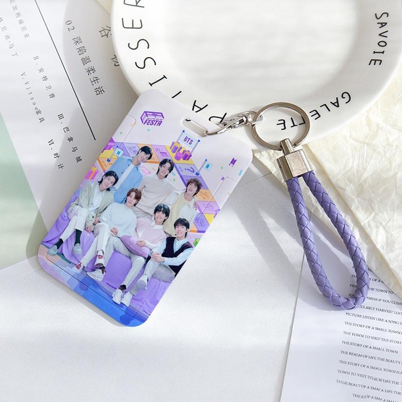 BTS Sliding Photocard Holder, Protective ID Badge Card Case with Braided Keychain Strap, Student Campus Bus Meal Card Protector Merch for ARMY