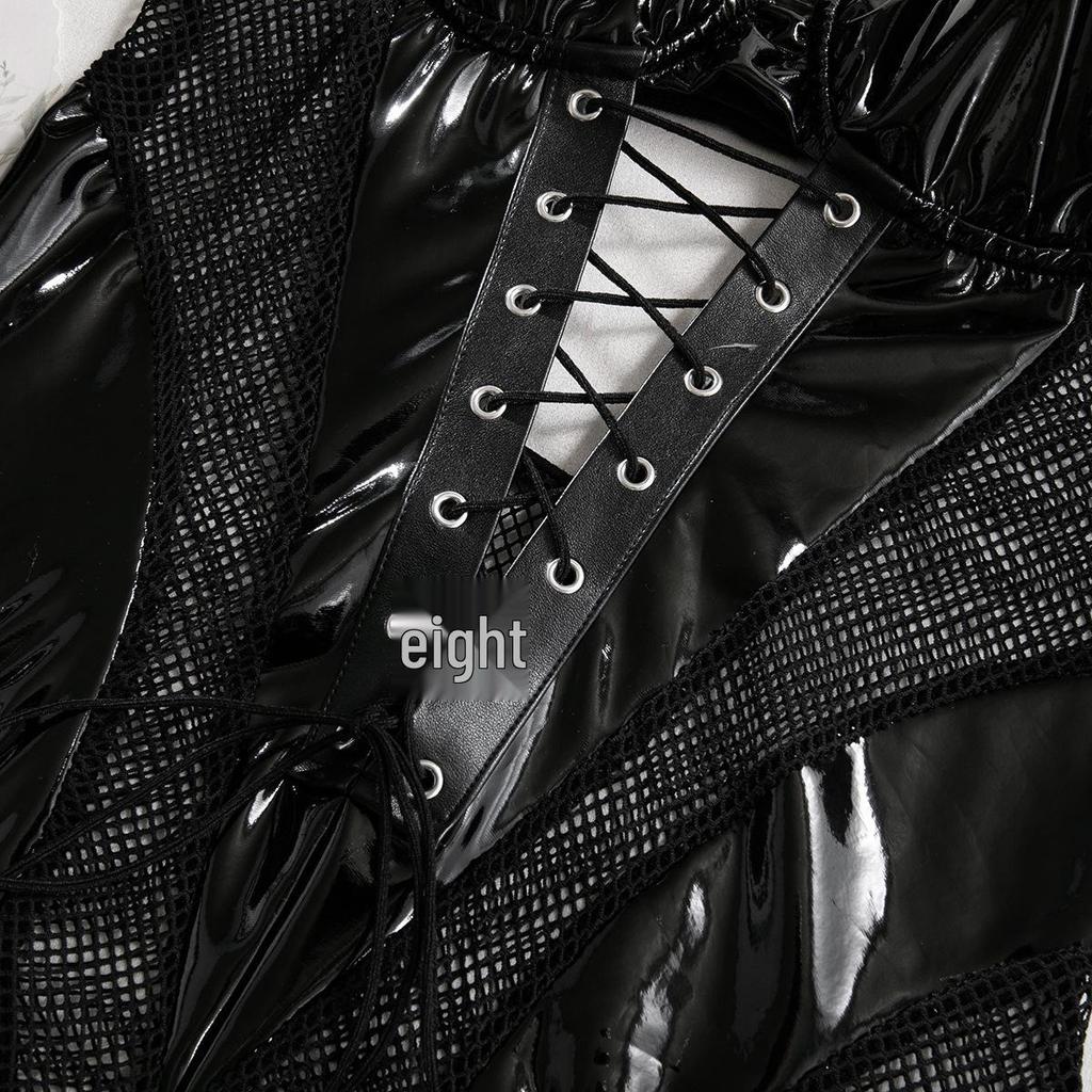 European & American Nightclub Hot Girl PU Leather Mesh Lace-up Backless Bodysuit