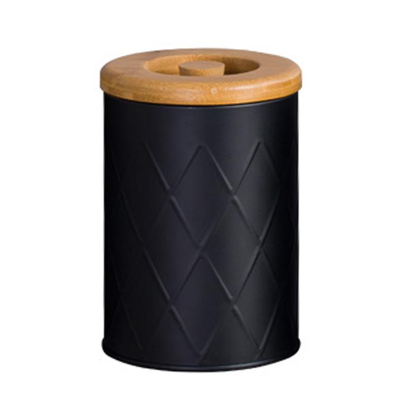 Бытовая черная герметичная банка с сетчатым узором для кофейных зерен, чайных пакетиков, сахара, молока, круп, металлическая коробка для хранения, банка для хранения с бамбуковой крышкой D11xH15cm