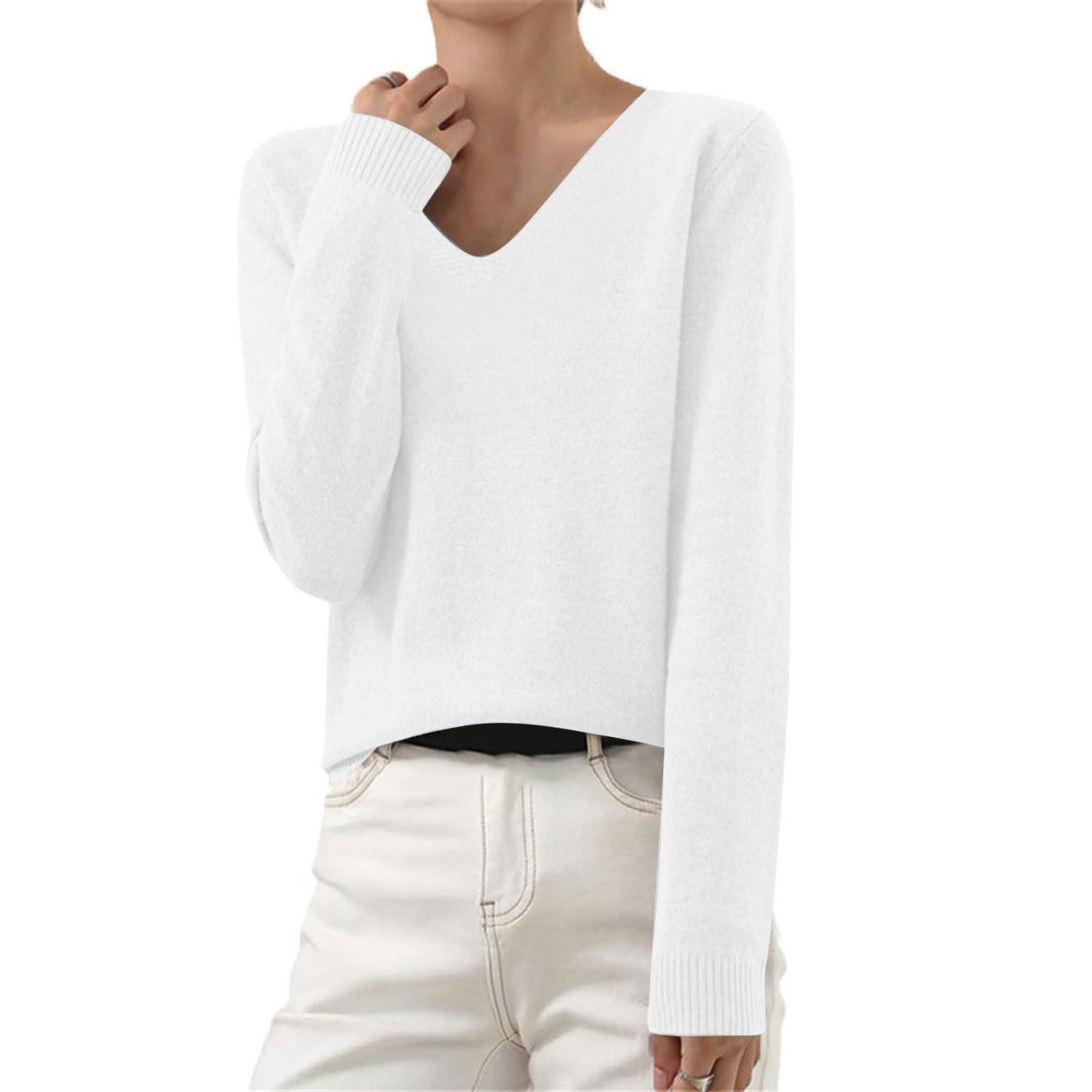 Women s Soft Knit V-Neck Sweater Long Sleeve Casual Pullover for Fall and Winter Stylish and Comfortable XL белый