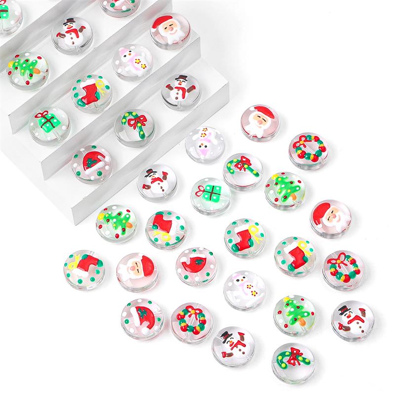 1Pcs 19mm Christmas Series Transparent Coloured Glaze Beads Hand-Painted Drop Oil Flat Round Beads For Jewelry Making DIY Charm Decoration