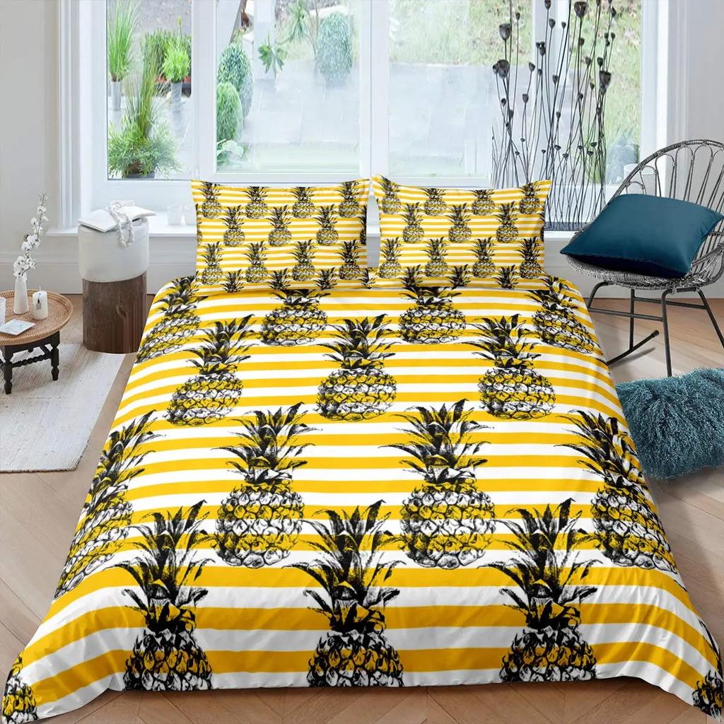 Ananas Bettbezug Set King Size Gelb Geometrisches Ananas Bettwäsche Set Seaside Strand Thema Frucht Bedruckte Bettdecke