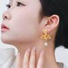 Chinese Double Layer Gold Fan Tassel Pearl Earrings with Silver Studs