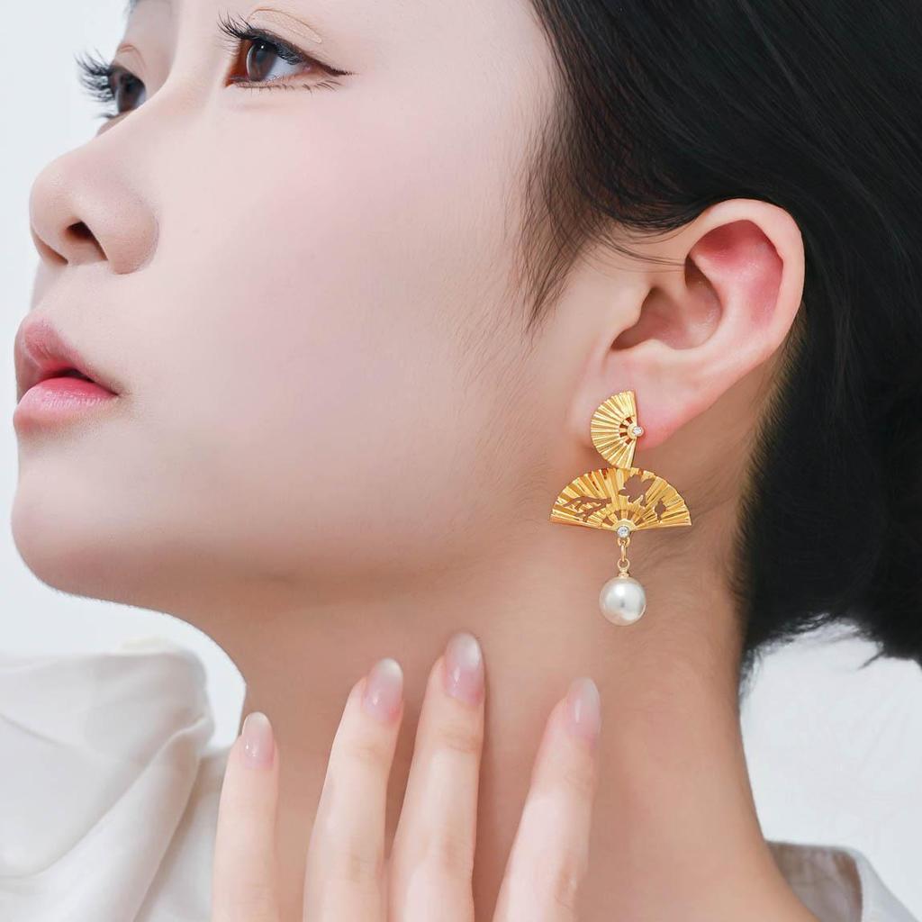 Chinese Double Layer Gold Fan Tassel Pearl Earrings with Silver Studs