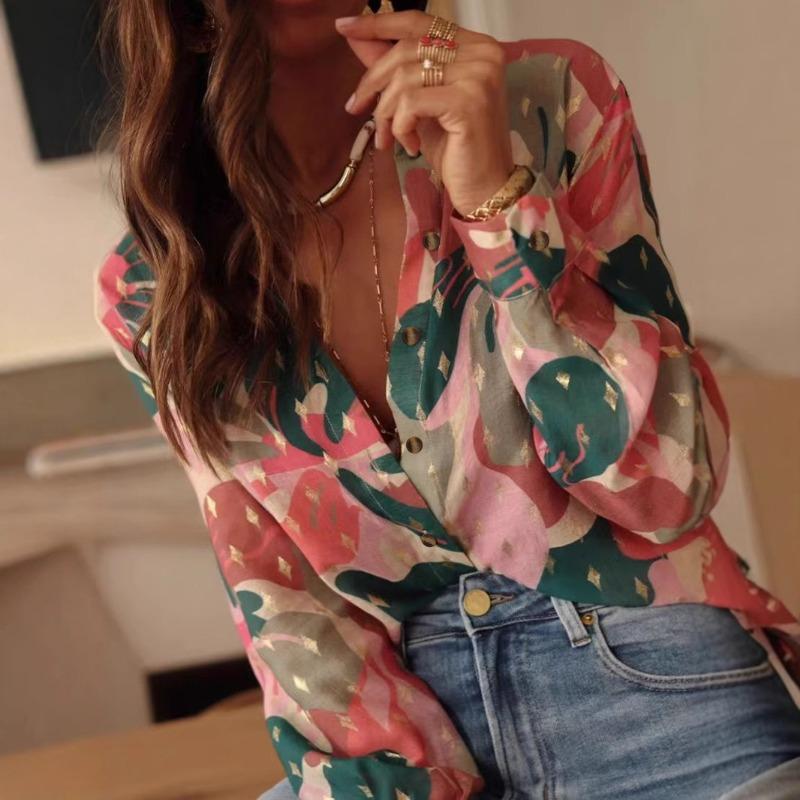 Temperamentna Casualowa Letnia Koszula z Długim Rękawem z Nadrukowanym Kołnierzykiem Koszula Damska na Casualowe Wakacje