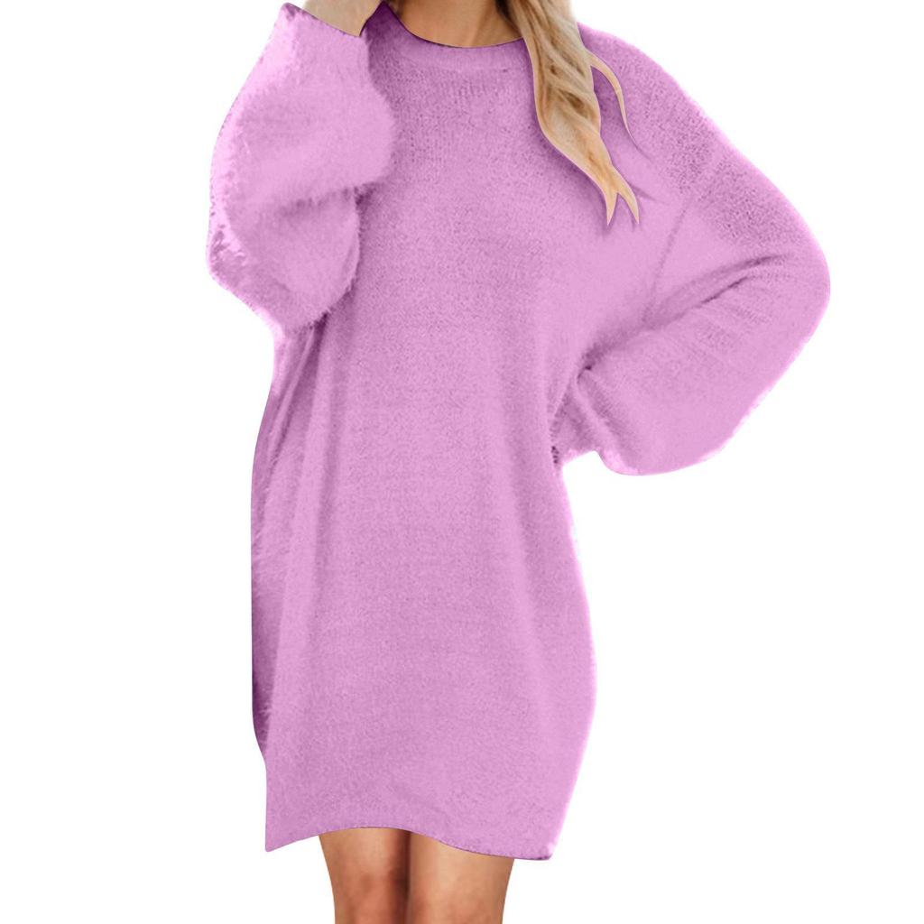 Rochie de pluș de damă, lungime mijlocie, cu mânecă lungă, cu gât rotund - Colecția Toamnă/Iarnă