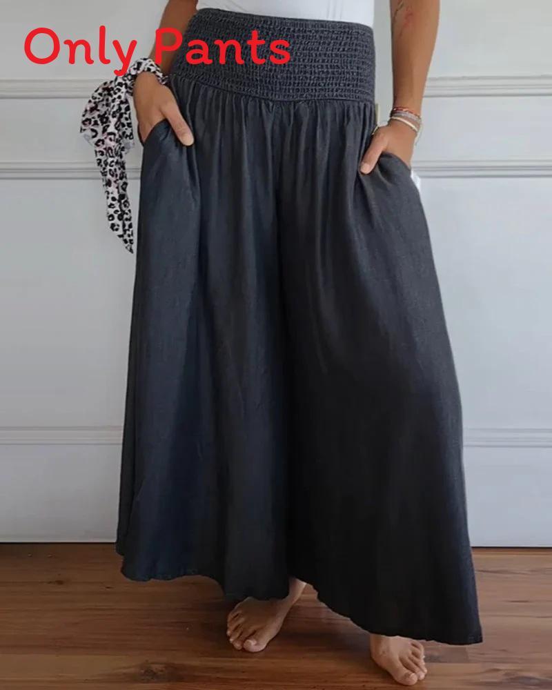 Women Casual Wide Leg Pants With Elastic Waist Polyester Fabric For Summer Comfort