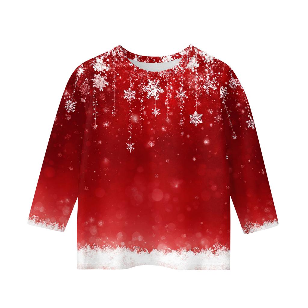 Christmas Day Print Tops For Youth Girls 4-11 Years Round Neck 3/4 Sleeves T-Shirts Trendy Tops Outfit Tees