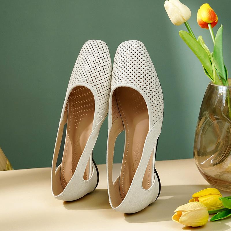 Summer Thick Heel Hollow Sandals for Women French Style Single Leather Shoes