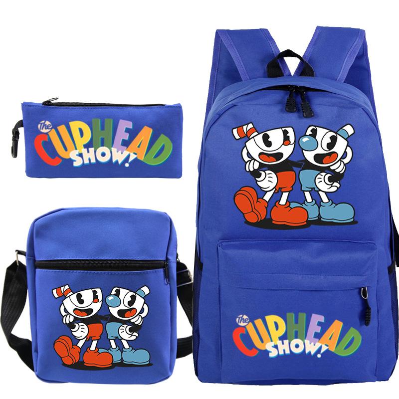 Cartoon Teacup Head Cuphead Student Backpack Oblique Span Bag Pencil Bag Primary And Secondary School Students Children'S Schoolbag Three-Piece Set