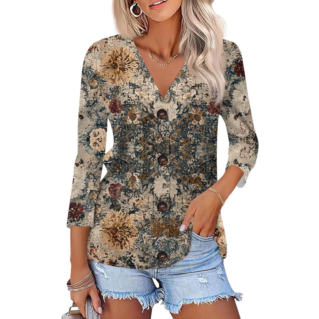 Women's Fashion Casual Print Button-down Shirt 3/4 Long Sleeve Tops