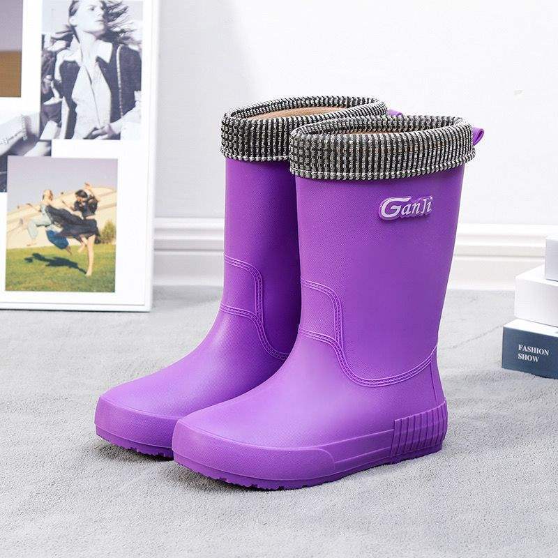 Medium tube rain shoes women's non-slip short tube rubber shoes fleece warm water shoes kitchen waterproof shoes women's lightweight flat rain boots