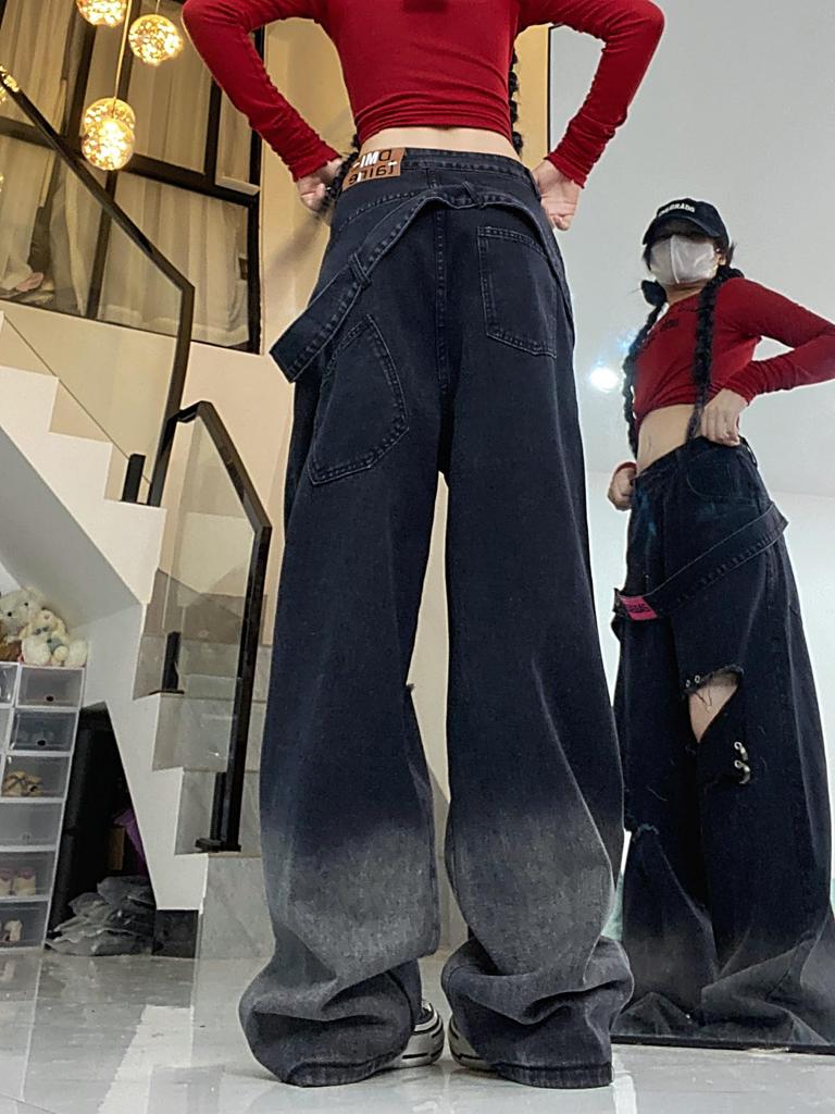 Bestmood Distressed Denimhosen mit lockerer Passform und geradem Bein, mit Gürtel und Design Damen Weitbeiniges Bein, Hip-Hop (Größe Klein, Schwarz)