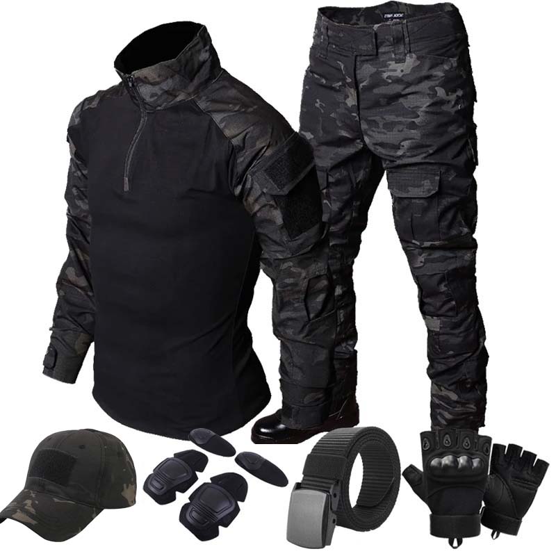 Černé Camo Tréninkové Sety s 1/4 Zipem Bojové Topy Taktické Obleky Turistické Kalhoty Pánské Odolné Košile Více Kapsami Odolné proti Opotřebení