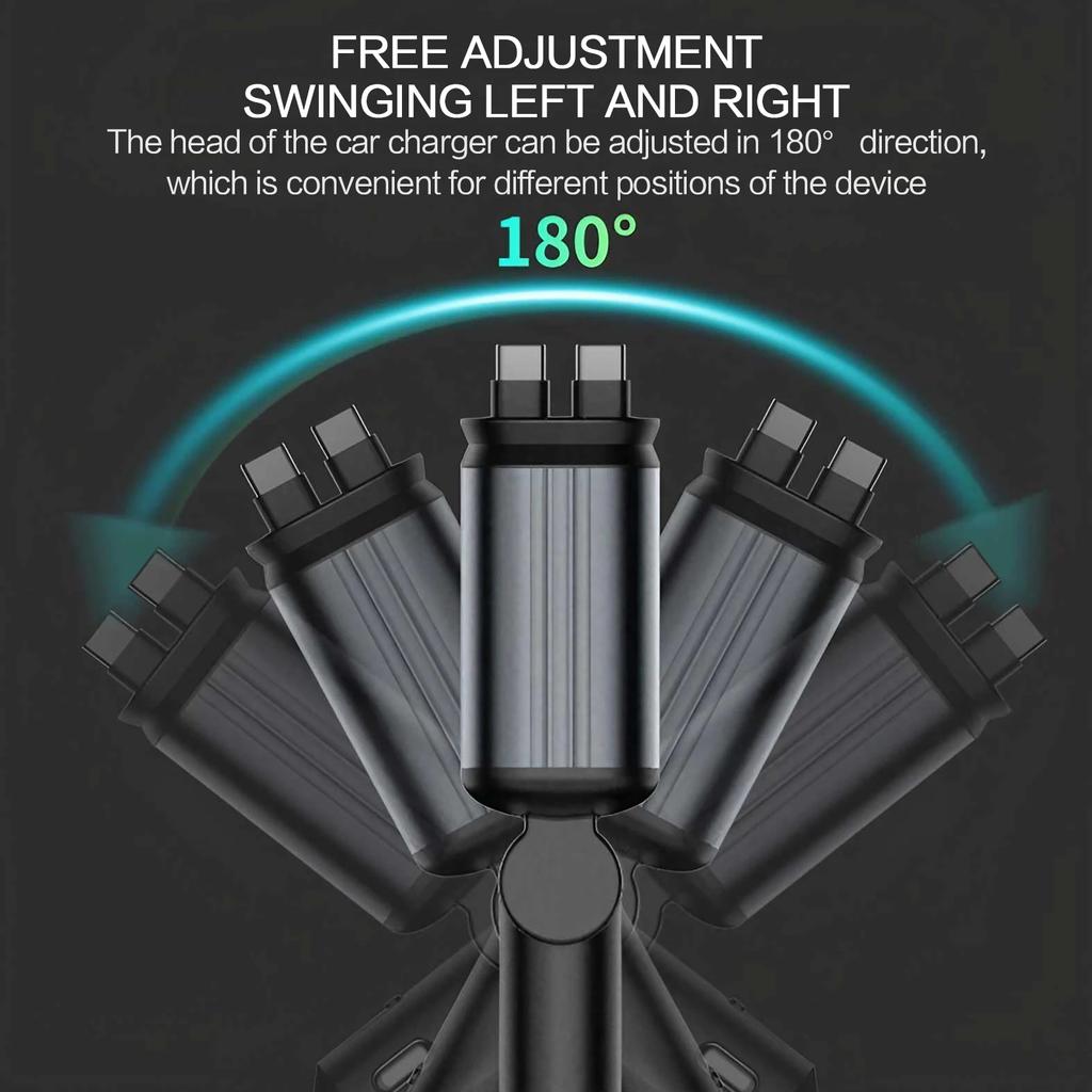 4 In 1 Retractable Car Charger Fast Charging Car Charger  with USB Type-C Cable & 2 Type C Charging Ports, Universal Car Charger