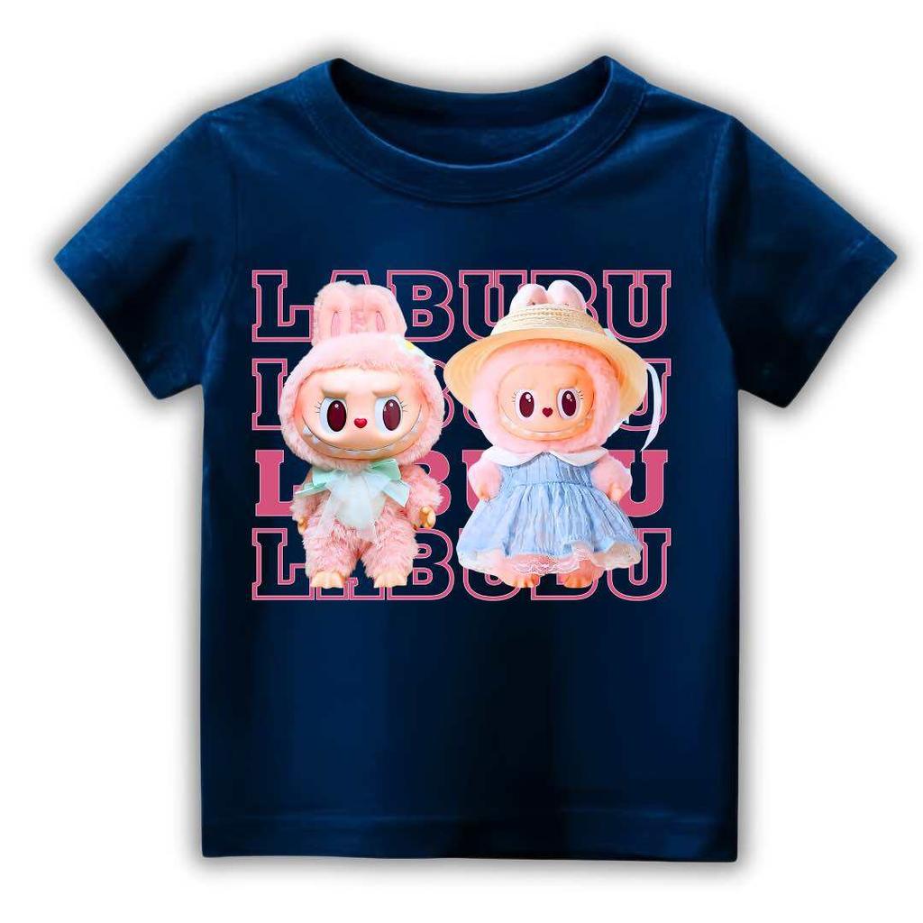 Summer LABUBU Pattern Children's T-shirt Cartoon Princess Skirt Labubu Printed Girl Round Neck Short Sleeve Casual Children's Top