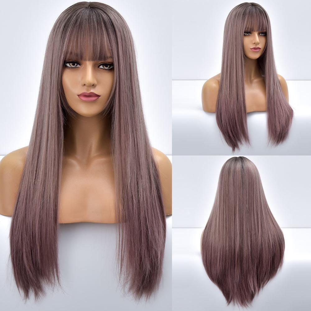 Natural Black Straight Synthetic Wigs For Women with Bangs 28Inch Daily Party Cosplay Wigs Heat Resistant Natural Hair Wig