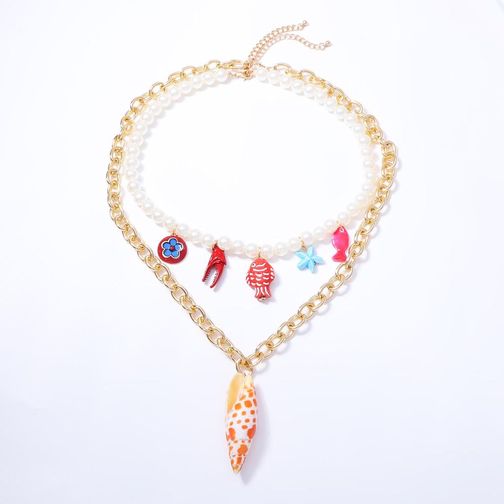 Fashion Summer Vacation Marine Life Pendant Imitation Pearl Beaded Double Layer Stacked Necklace Exquisite Woman