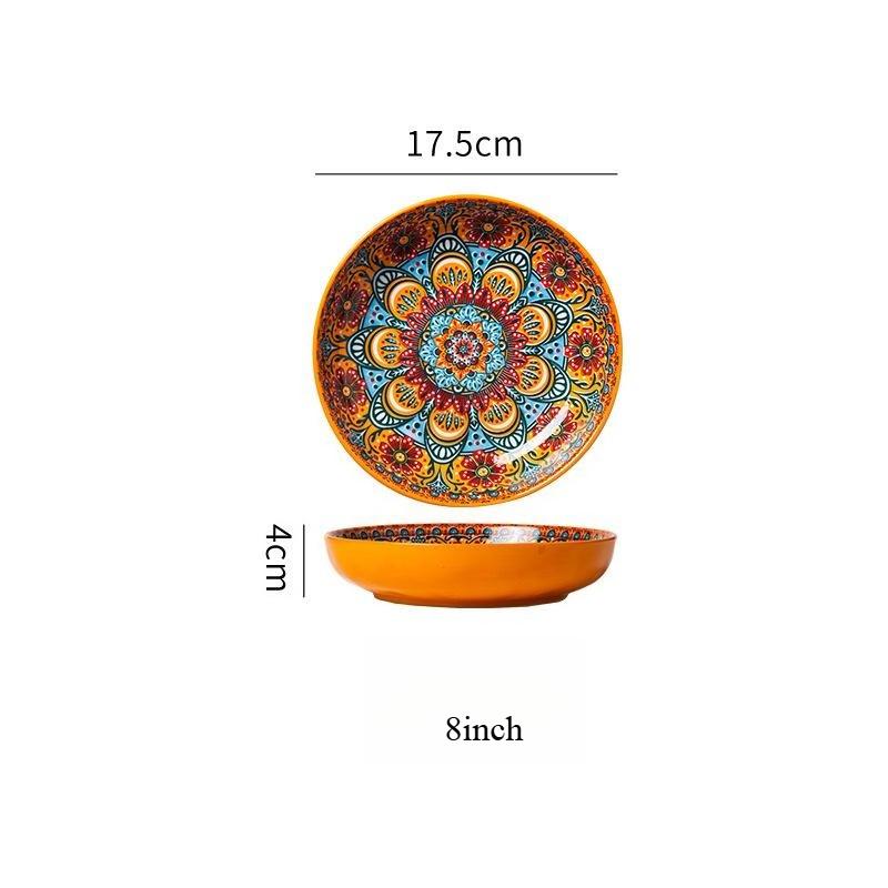 Bohemian Hand Painted Ceramic Plate 7/8 Inch, Colorful Mandala Porcelain Dinner Plate, Vintage Decorative Serving Dishes for Kitchen Dining Home Decor