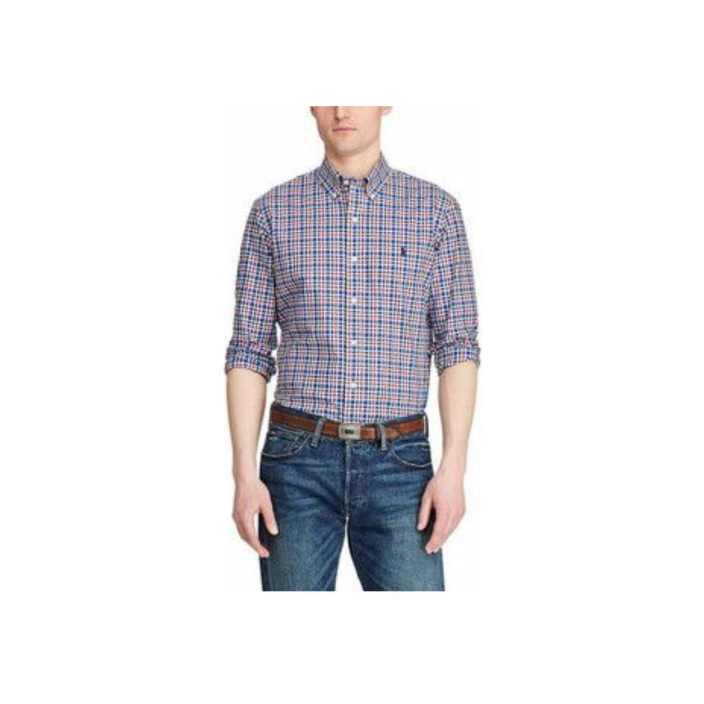Polo Ralph Lauren Camicia Popeline a Manica Lunga con Ricamo Logo Cavallino a Quadri Rossi Uomo camicie Blu Navy 720748907-003