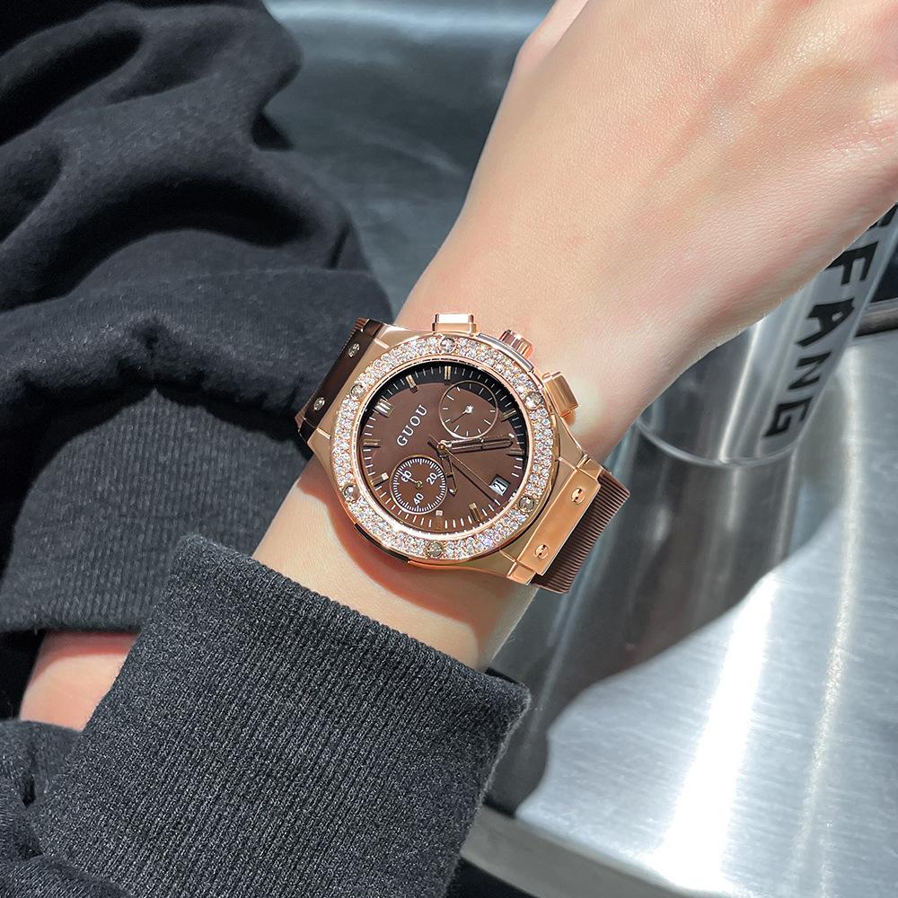 Women's Watch with Large Dial, Personalized Silicone Watch Strap, Multifunctional Trendy Rhinestone Watch with Calendar for Women