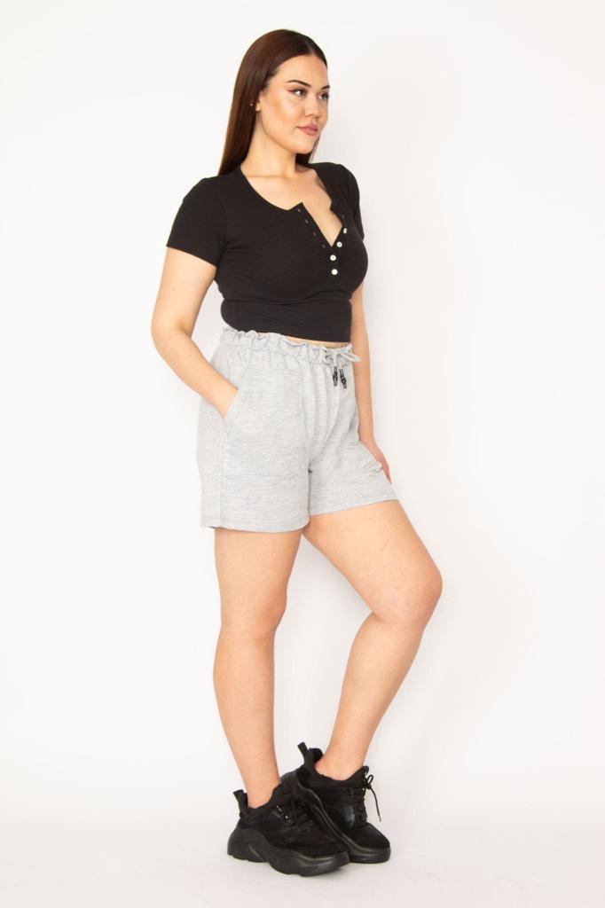 Damenmode Übergröße Shorts & Bermudas Große Größe Graue Shorts mit elastischem Bund und Schnür-Taschen