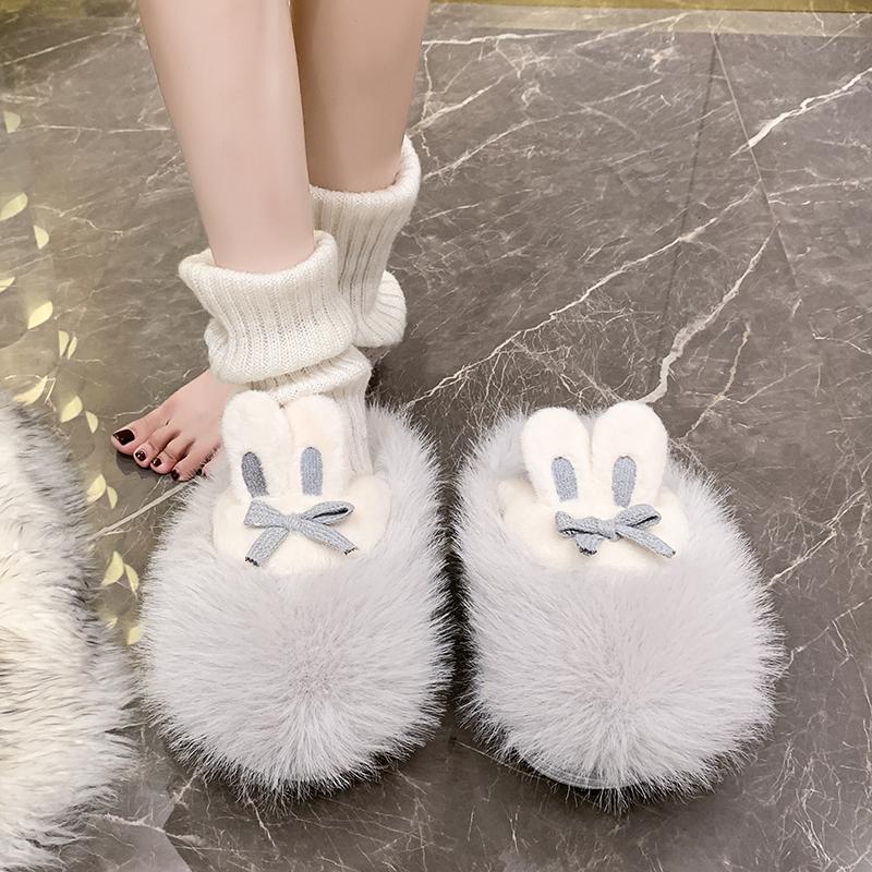 Söta Plyschtofflor Dam Höst Vinter Nya Utomhus Hemmaskor för Kvinnor Tjocksulade Plysch Varma Bomullstofflor Tofflor Dam