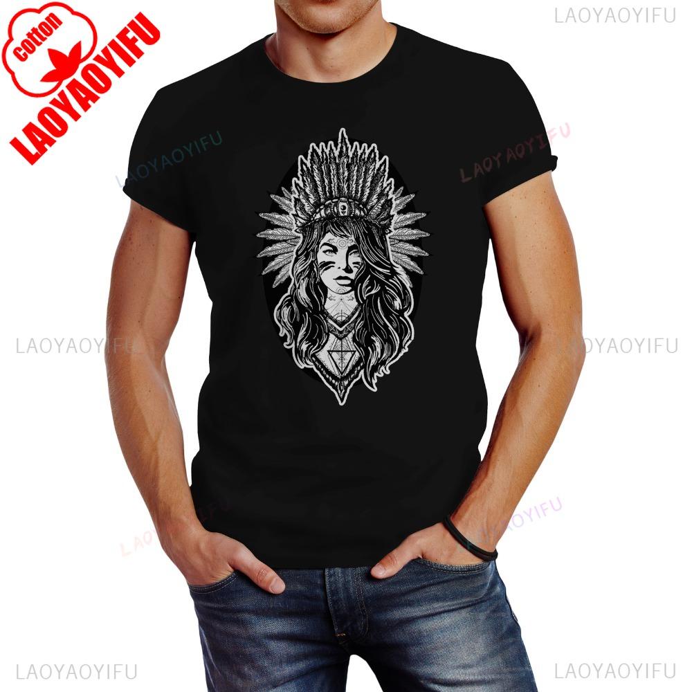 Fancy Mens Indian Girl Graphic Printed TShirt Indigenous Culture Creative Unisex Shirt Summer Round Neck Cotton Short Sleeve