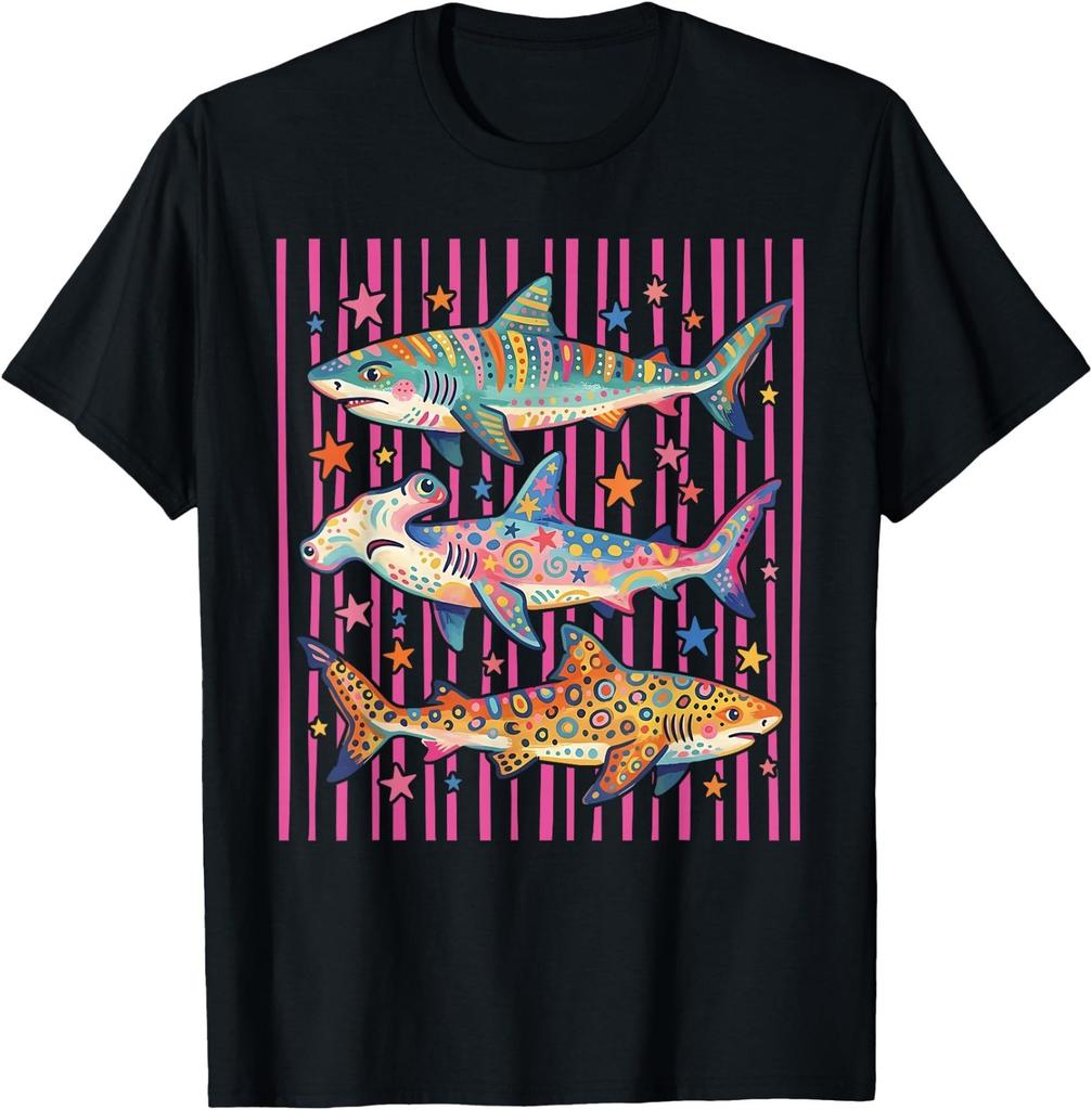 Preppy Striped Shark Aesthetic Tropical Ocean Graphic Summer T-Shirt