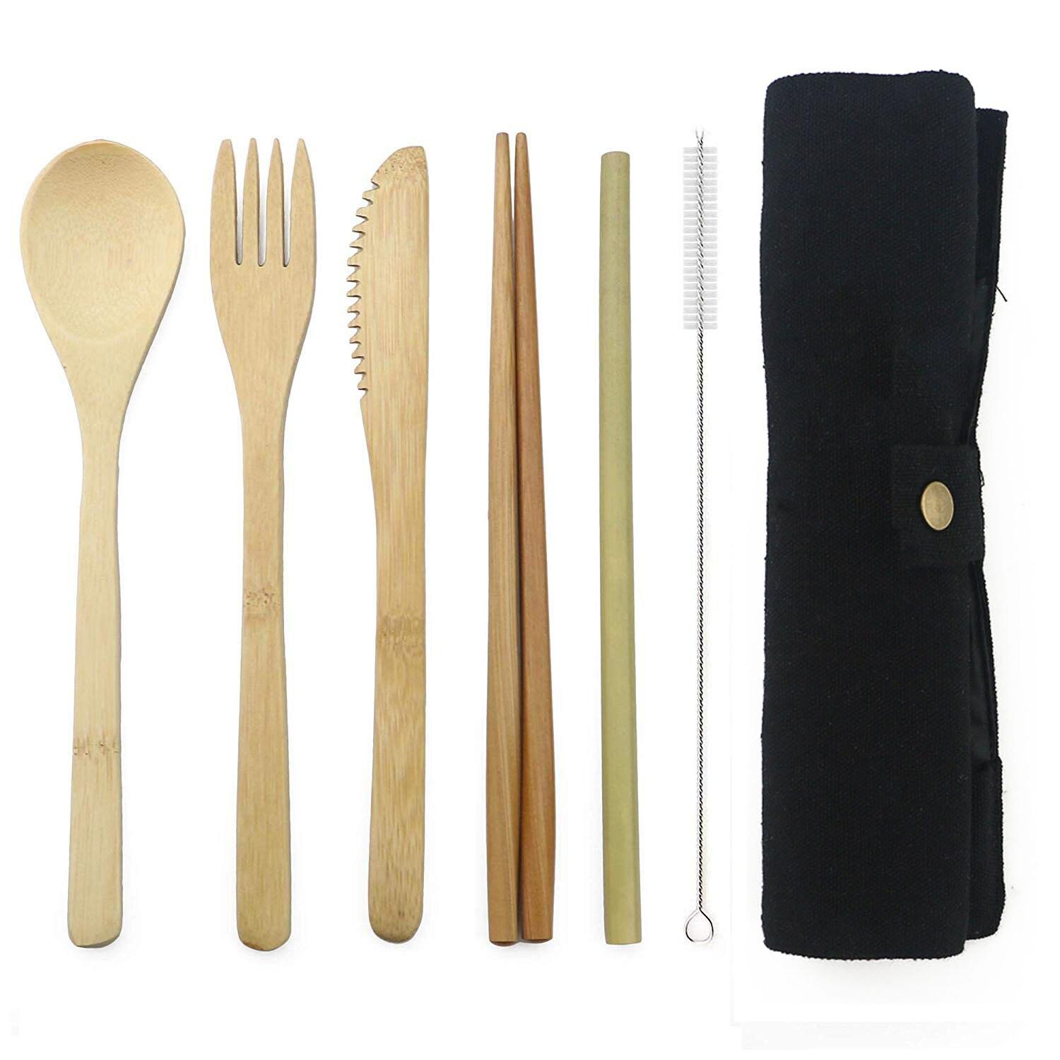 

7 шт. Костюм Портативні столові прилади Дорожні Екологічно чисті Вилка Набір ложок Включає багаторазові скибочки бамбука Палички для їжі Соломка Набір щіток для чищення чорний