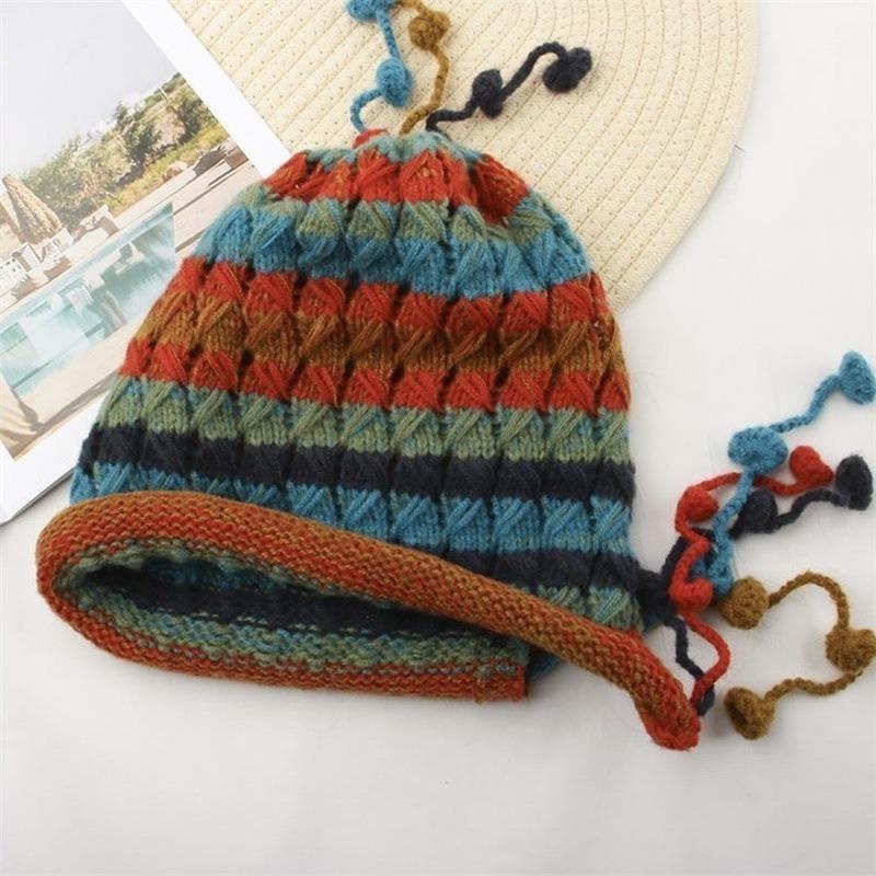 Women Autumn and Winter Nation Fashion Pure Handmade Fringed Dopamine Plush Colorful Ball Thick Hollow Out Ear Protection Knitted Pullover Hat
