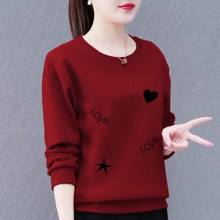 Korean Style Women's Plus Size Sweatshirt, 2023 Loose Fit, Printed Long Sleeve Round Neck Top, Slimming Mom's Clothing.