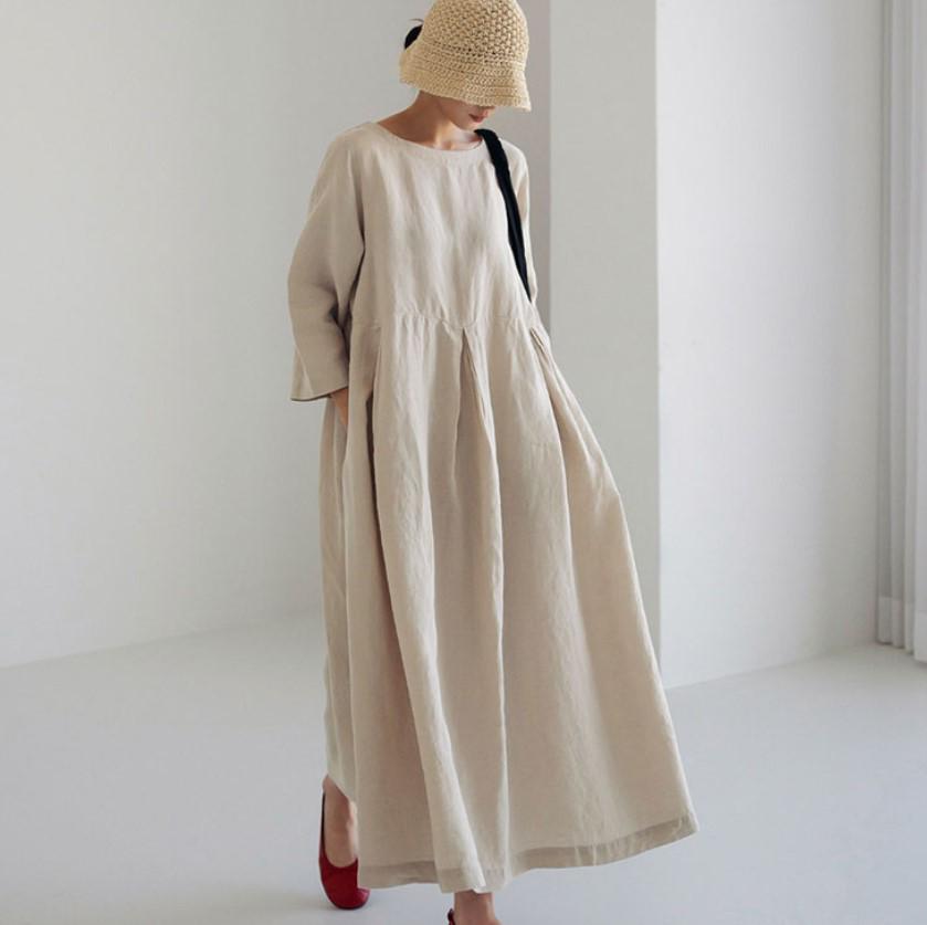 2024 Oversized Plus Size Cotton Linen Dress, Round Neck, Solid Color Swing Skirt - Japanese Korean Style