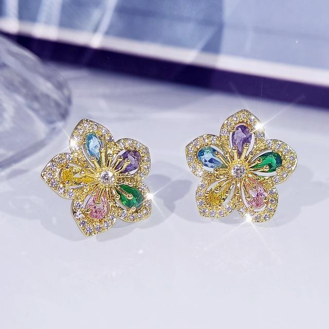 Natural Topaz Flower Stud Earrings  Color Needles Exquisite Craftsmanship Diamond Bizuteria Tone  Jewelry Aros Mujer Oreja