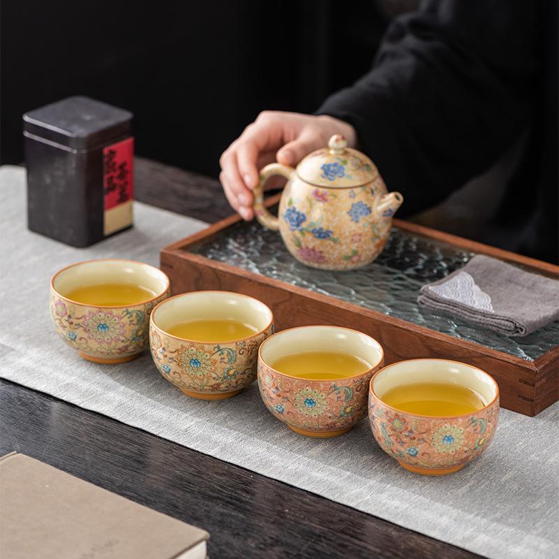 Enamel full color Ru kiln master teacup light luxury retro tea set cup gift box hardcover high-end father teacher gift
